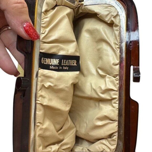 Vintage Yellow Leather Clutch Purse With Wooden Frame Made In Italy - Picture 6 of 6